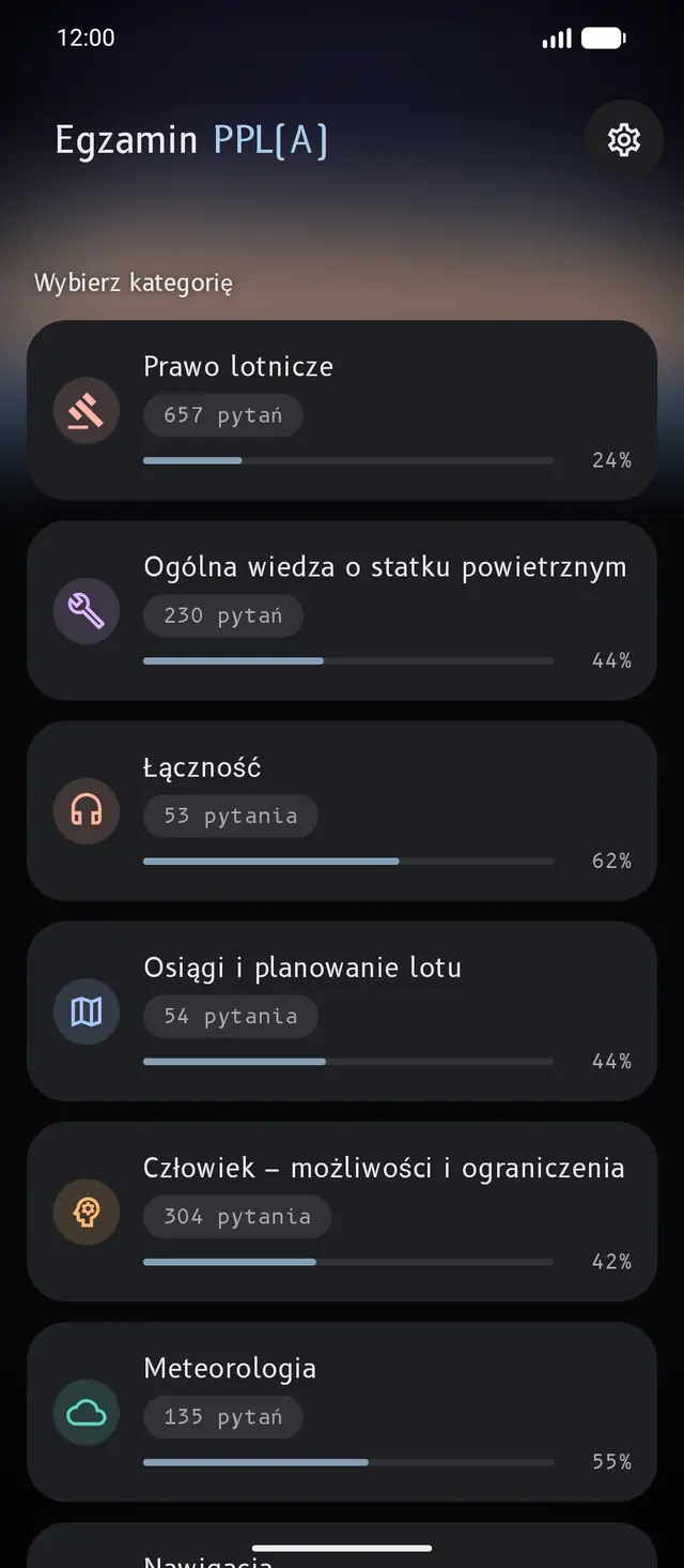 Ekran przedmiotów PPL(A): lista przedmiotów z liczbą pytań i paskiem opanowania materiału