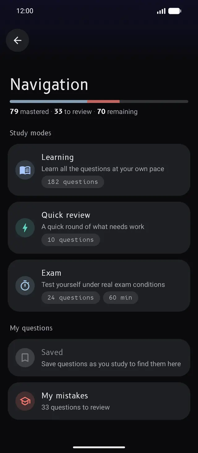 The mode screen for navigation: progress, learning, quick review, exam, saved and my mistakes