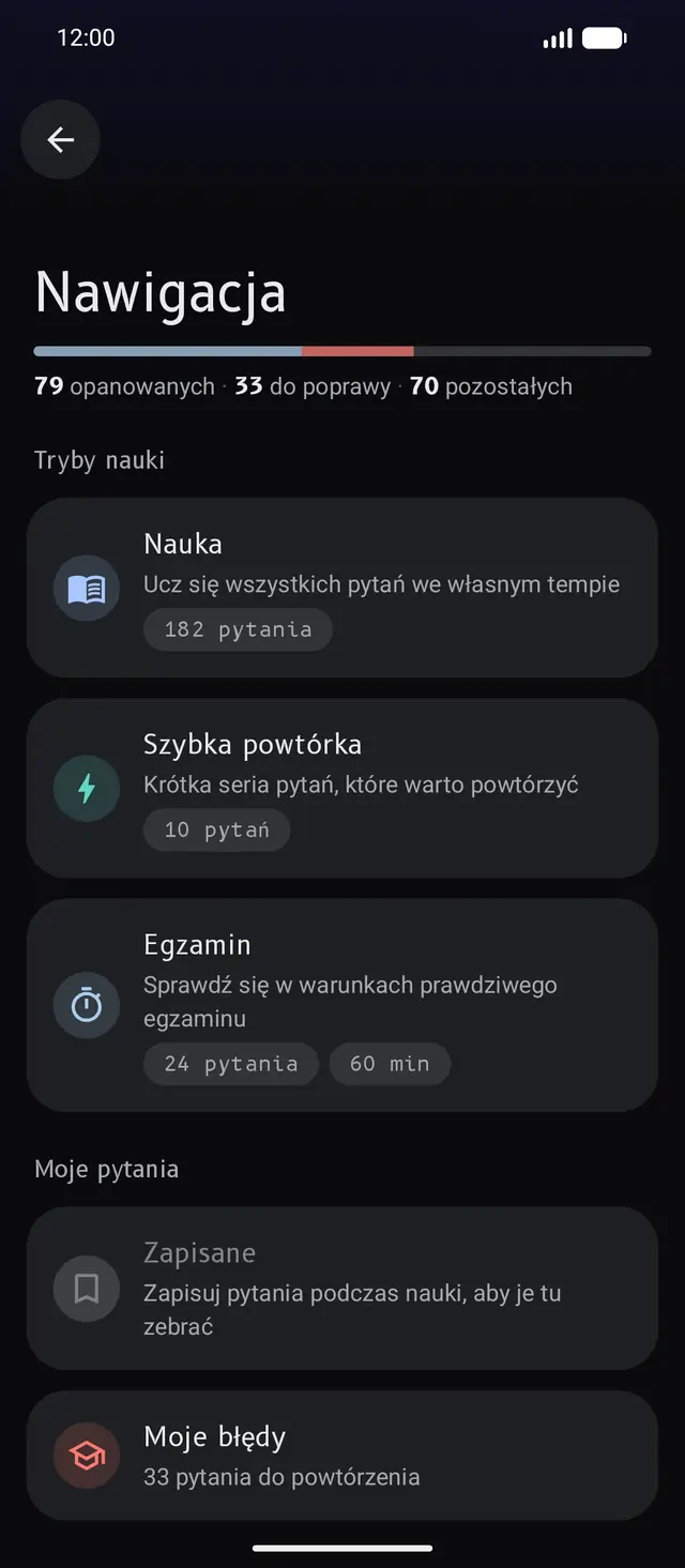 Ekran wyboru trybu dla nawigacji: postęp, nauka, szybka powtórka, egzamin, zapisane i moje błędy