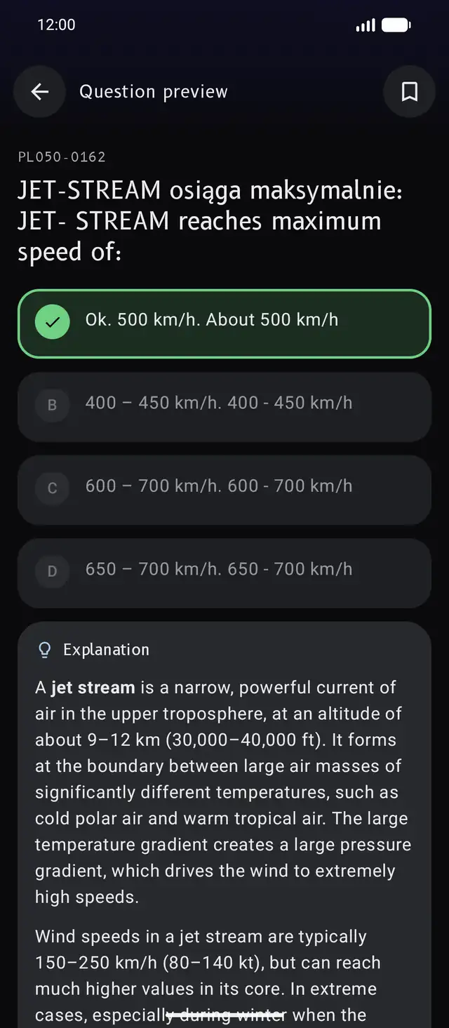 A meteorology question: the correct answer marked green, with the explanation underneath